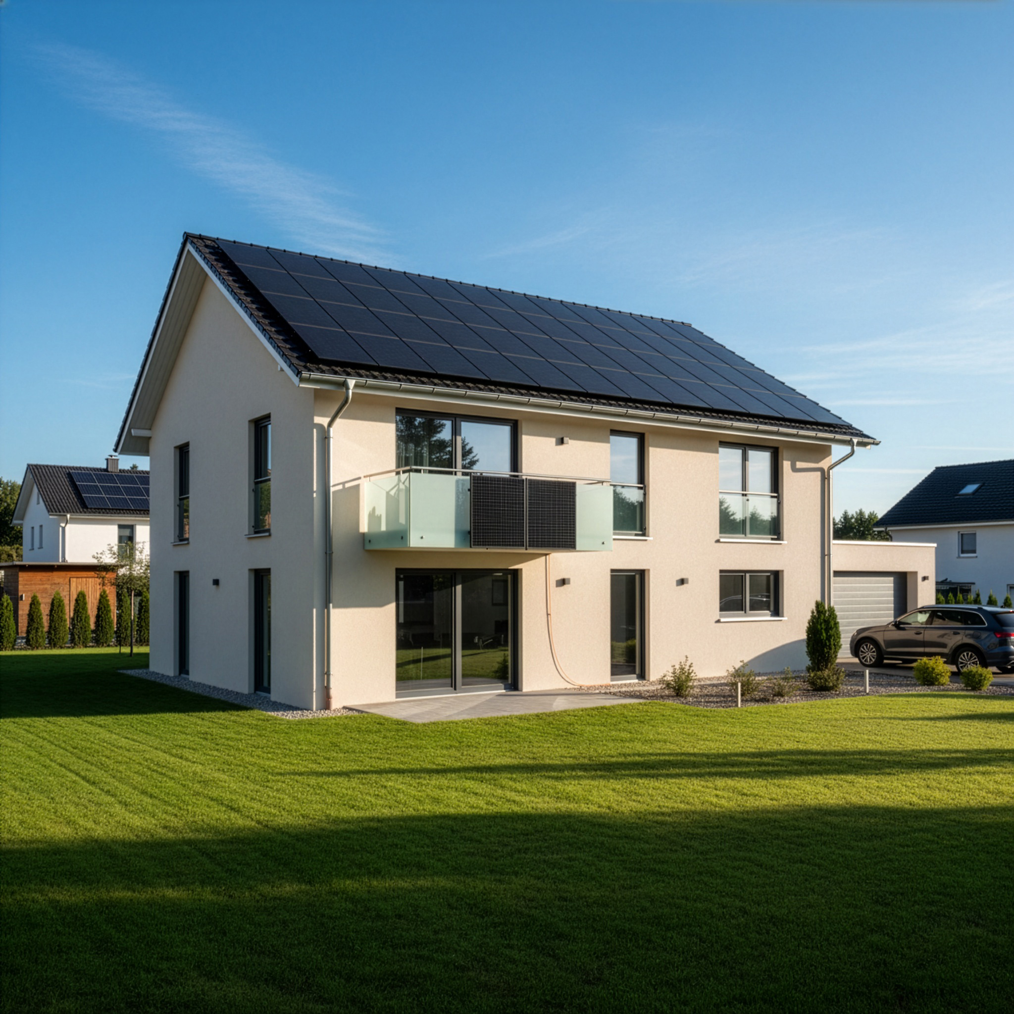 Modernes Einfamilienhaus mit Photovoltaik-Dachanlage und Balkonkraftwerk am Balkongeländer, davor grüner Rasen.