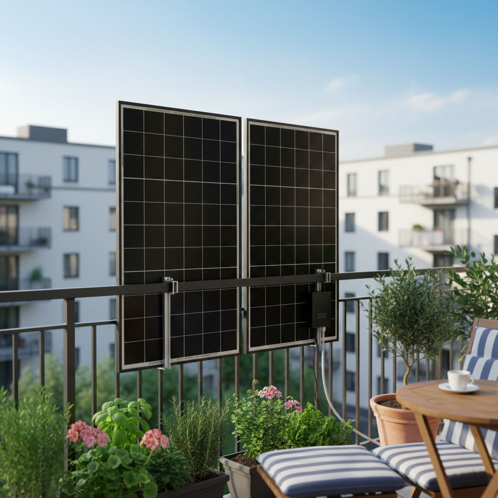 Zwei Solarmodule als Balkonkraftwerk sind am Geländer eines Wohnungsbalkons befestigt; davor stehen Pflanzentöpfe und ein kleiner Tisch mit Sitzkissen, im Hintergrund ein Mehrfamilienhaus.