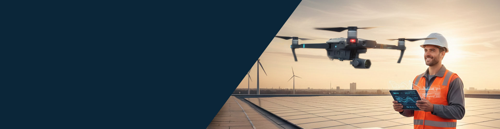 Nexron Techniker mit Drohne auf Solardach führt Photovoltaik-Inspektion durch.