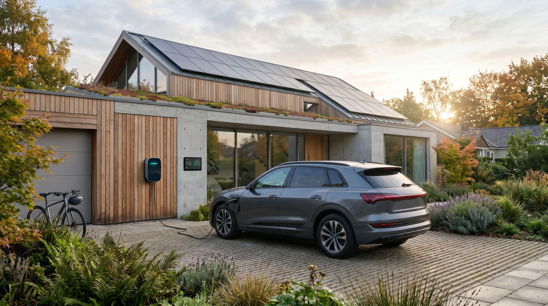 Modernes Einfamilienhaus mit großflächiger Photovoltaikanlage auf dem Dach und einem grauen Elektro-SUV, das an einer hauseigenen Wallbox geladen wird.