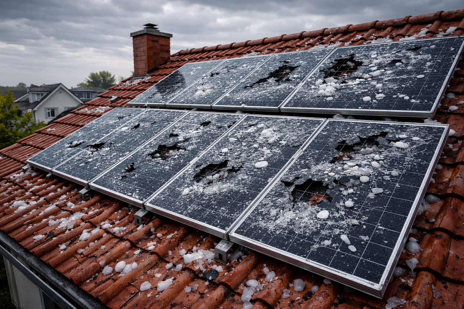 Durch Hagel zerstörte Photovoltaikmodule auf einem Ziegeldach, umgeben von Hagelkörnern unter bewölktem Himmel.