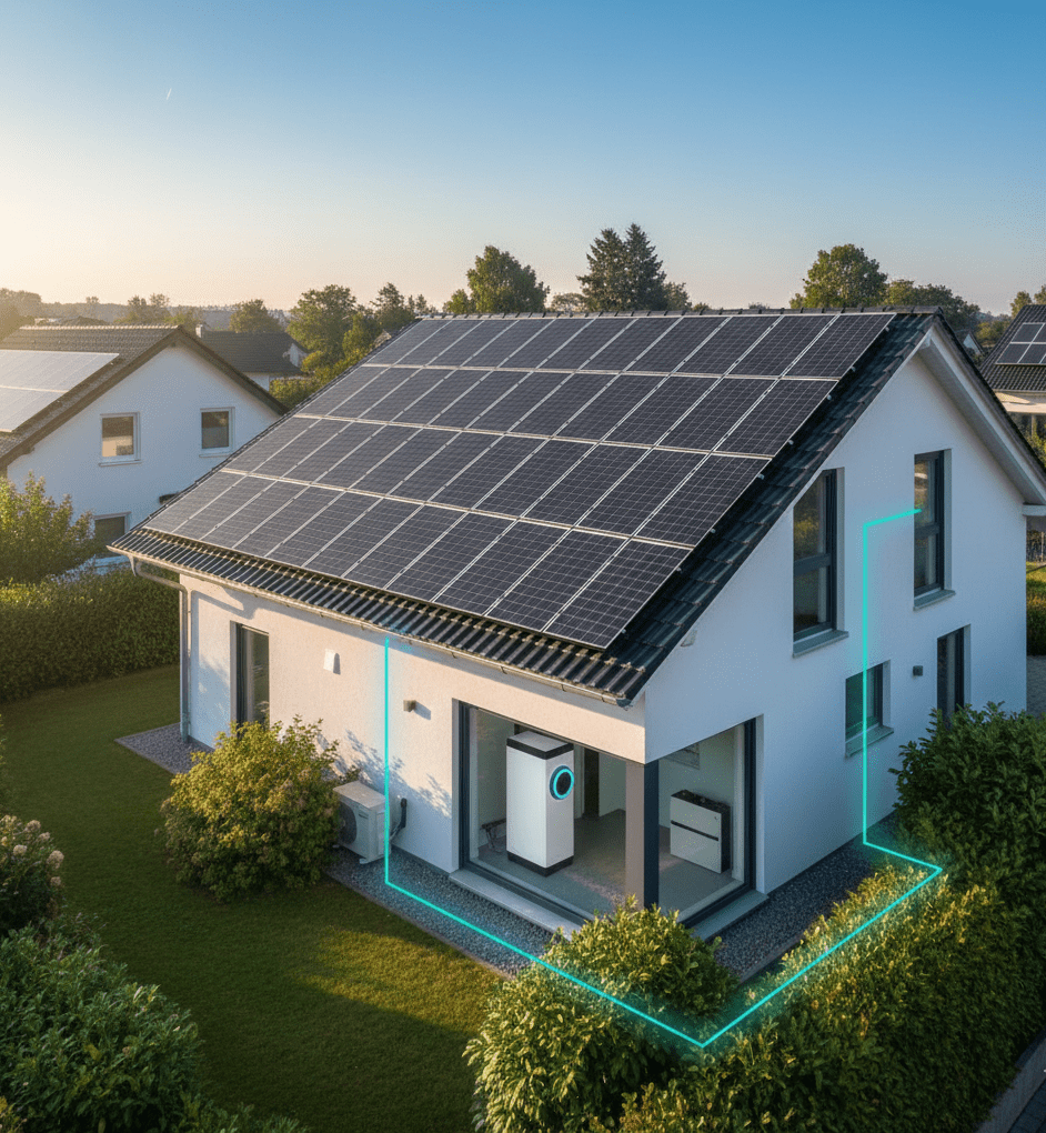 Einfamilienhaus mit Photovoltaikanlage auf dem Dach, Wärmepumpe und Stromspeicher, verbunden durch leuchtende Linien.