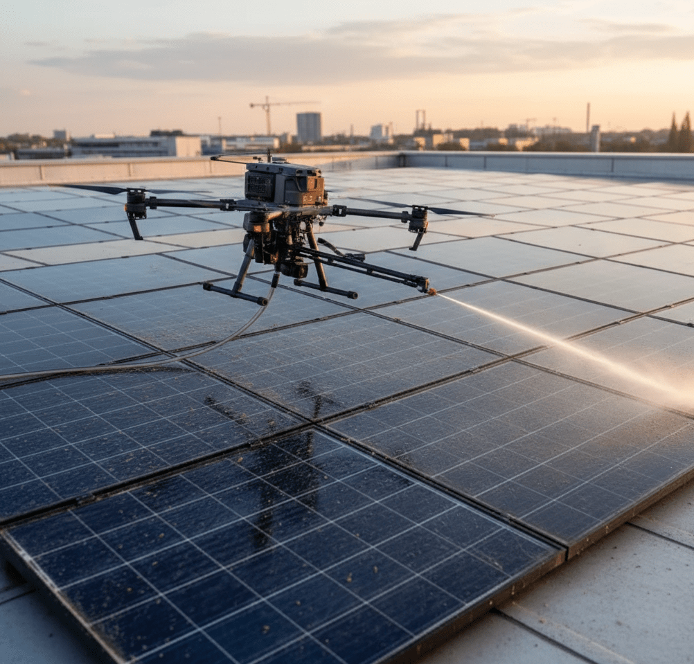 Reinigungsdrohne sprüht Wasserstrahl auf Photovoltaik-Module auf einem Gewerbedach bei Sonnenuntergang.