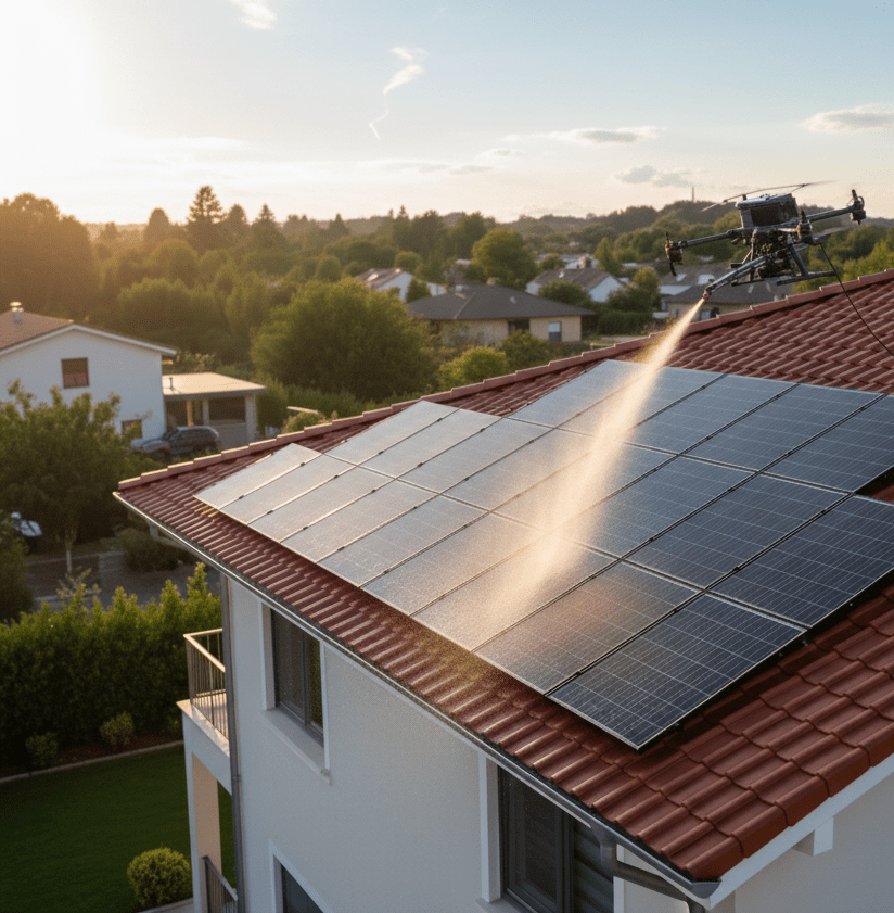 Drohne reinigt mit Wasserstrahl die Solarmodule auf dem roten Ziegeldach eines Privathauses bei Sonnenuntergang.