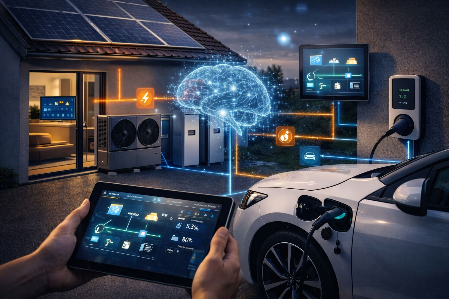 Smart-Home-Energiesystem mit PV-Anlage, Speicher, Waermepumpe und Wallbox; ein E-Auto laedt, waehrend ein Tablet das Energiemanagement und vernetzte Energiefluesse anzeigt.