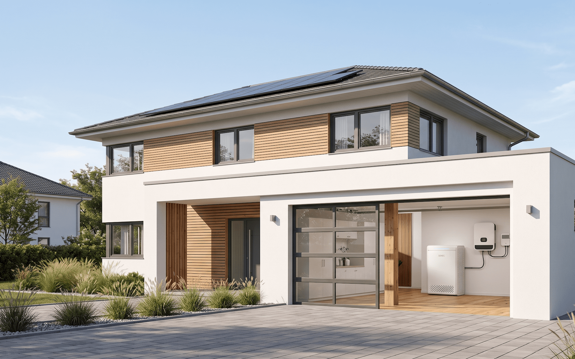 Modernes Einfamilienhaus mit Photovoltaikanlage auf dem Dach und Stromspeicher samt Wechselrichter in der offenen Garage.