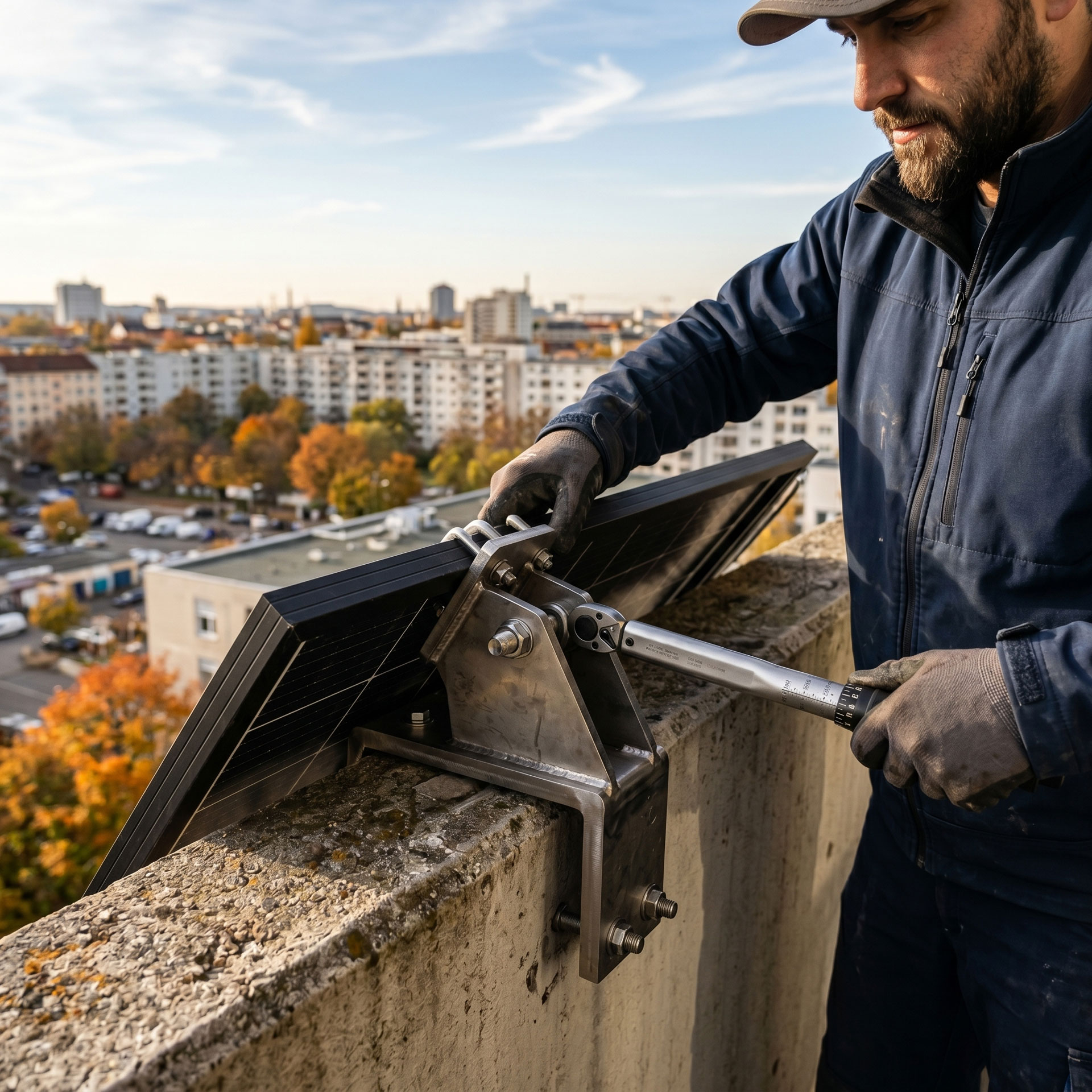 Ein professioneller Installateur montiert ein Balkonkraftwerk mit einer massiven, sturmfesten Edelstahl-Halterung an einem Betonbalkon.