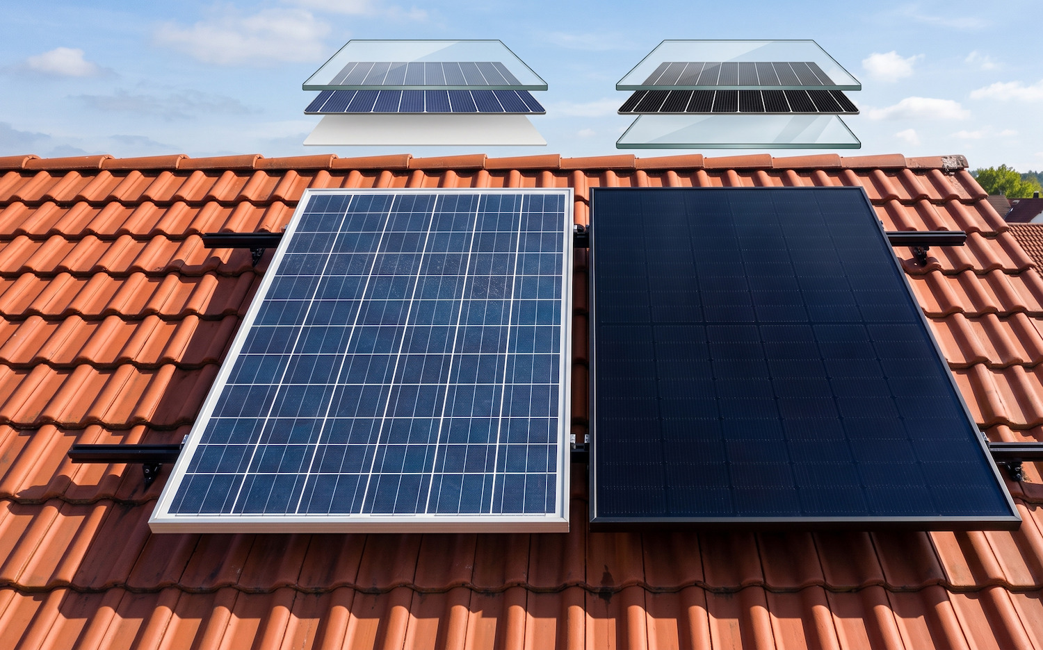 Zwei Solarmodule auf rotem Ziegeldach im Vergleich, links blau, rechts schwarz, mit Schichtdarstellung am Himmel.