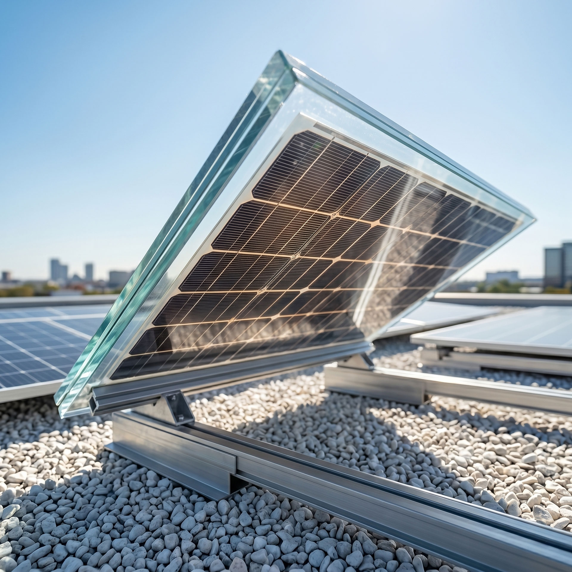 Ein modernes, bifaziales Glas-Glas-Solarmodul von Nexron, stabil auf einem Flachdach mit hellem Kies montiert, zeigt die transparente Bauweise und die Solarzellen.