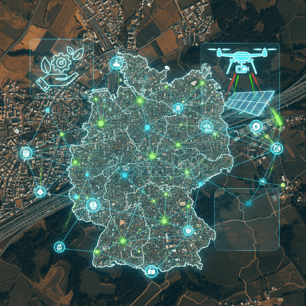 Digitale Deutschlandkarte mit leuchtenden Standortpunkten, Verbindungslinien, Drohne und Solarmodul über Luftaufnahme.