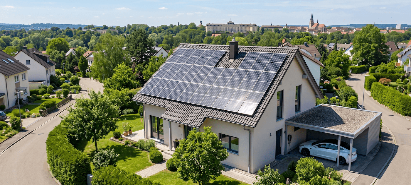 Modernes Einfamilienhaus mit Photovoltaikanlage auf dem Dach und Elektroauto im Carport in Wohngebiet