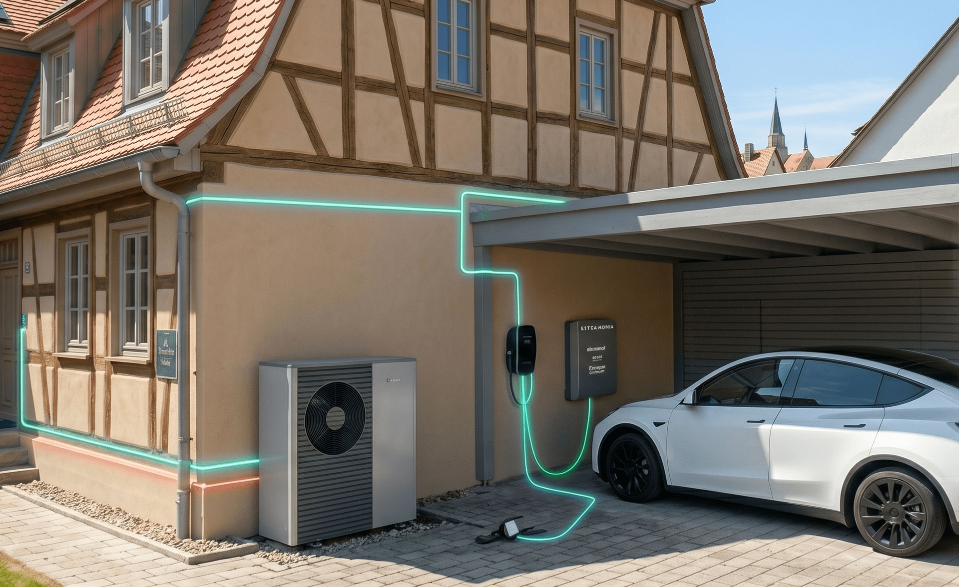 Wärmepumpe an Fachwerkhaus, verbunden mit Wallbox und Batteriespeicher unter Carport, an dem ein weißes Elektroauto lädt.