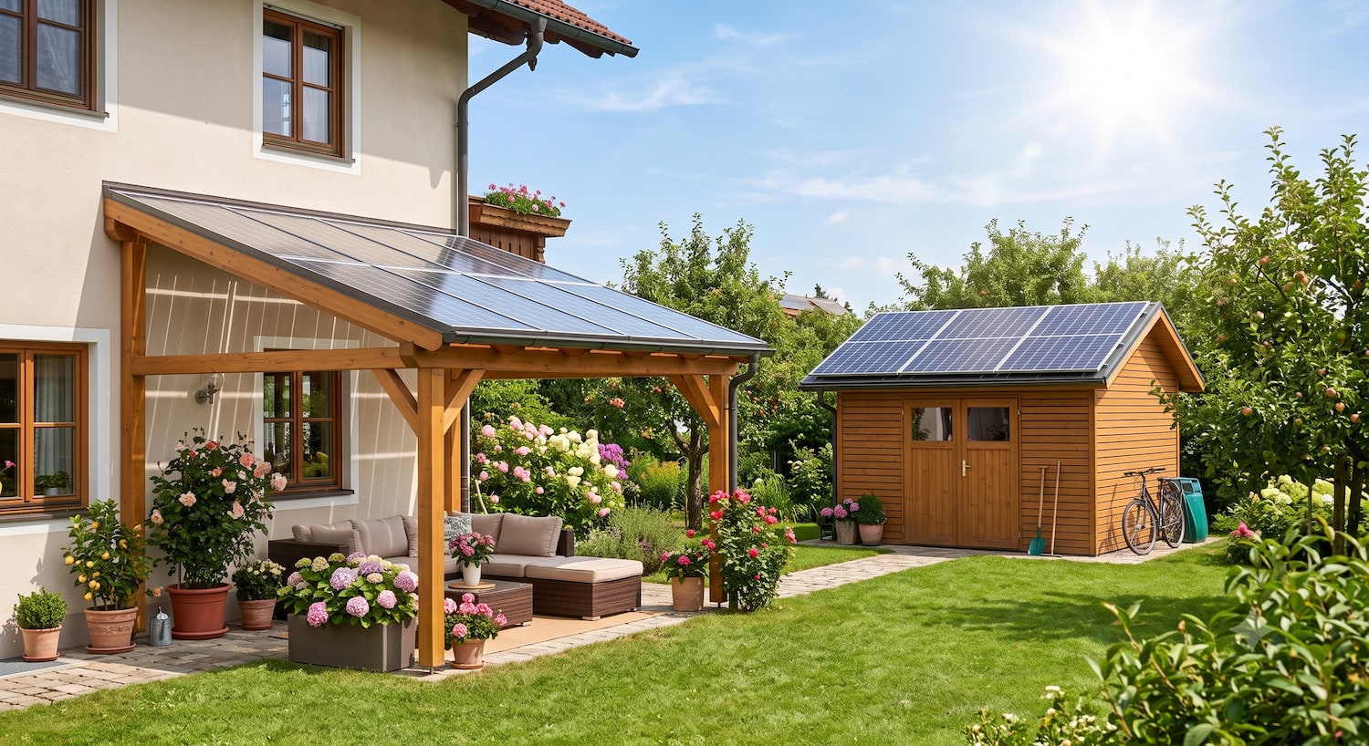 Terrassenüberdachung und Gartenhaus mit Photovoltaikmodulen in sonnigem Garten mit Blumen und Rasen