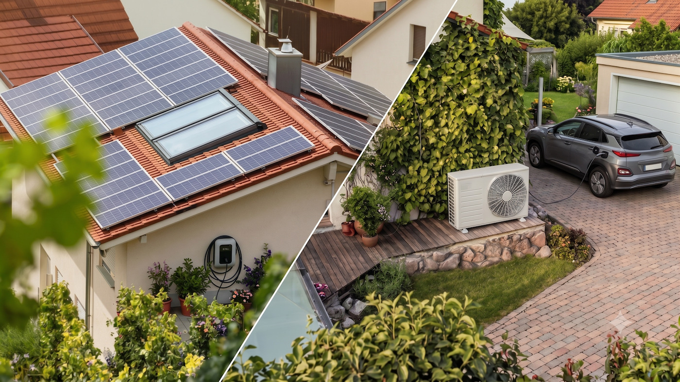 Wohnhaus mit Solarmodulen auf dem Ziegeldach, Wärmepumpe an der Terrasse und Elektroauto an der Ladestation vor der Garage.