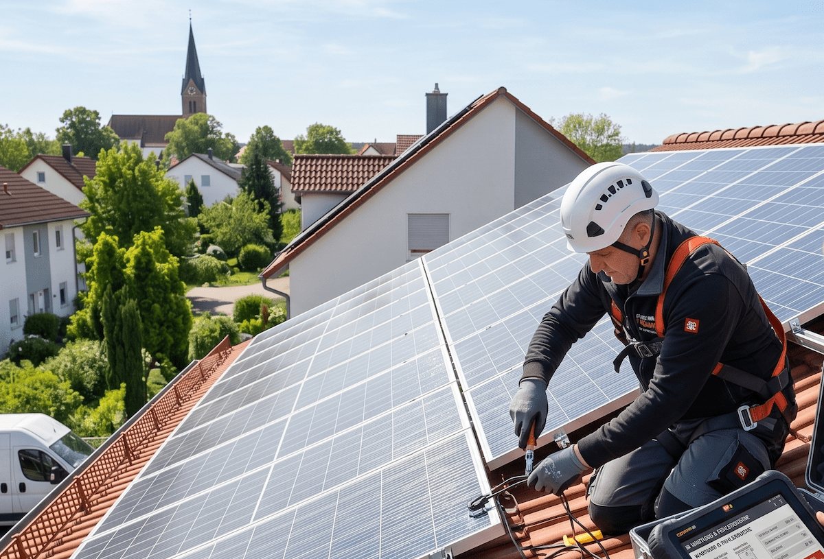 Techniker mit Helm wartet eine Photovoltaikanlage auf einem Hausdach.