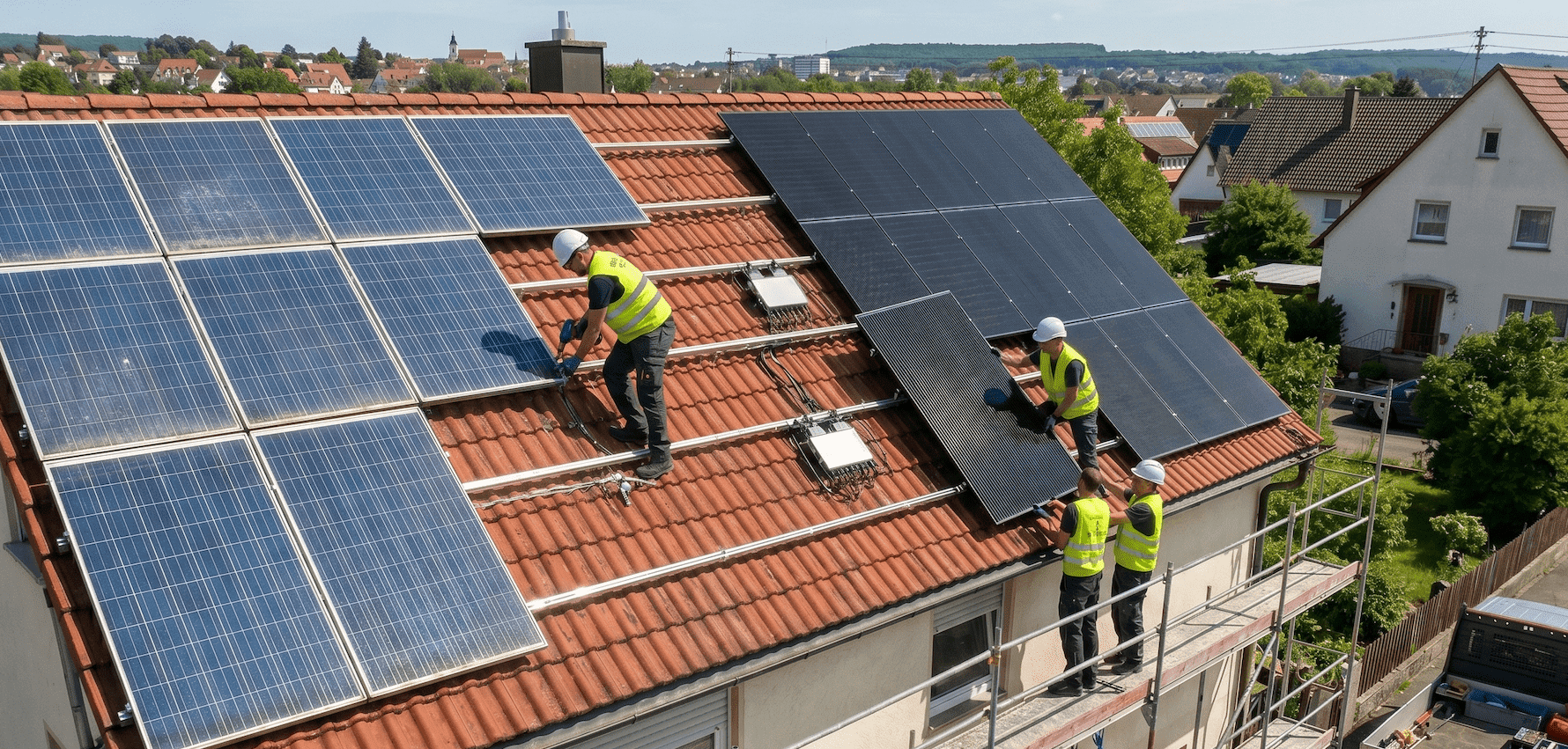 Handwerker in Warnwesten tauschen alte gegen neue Solarmodule auf einem Ziegeldach eines Wohnhauses.
