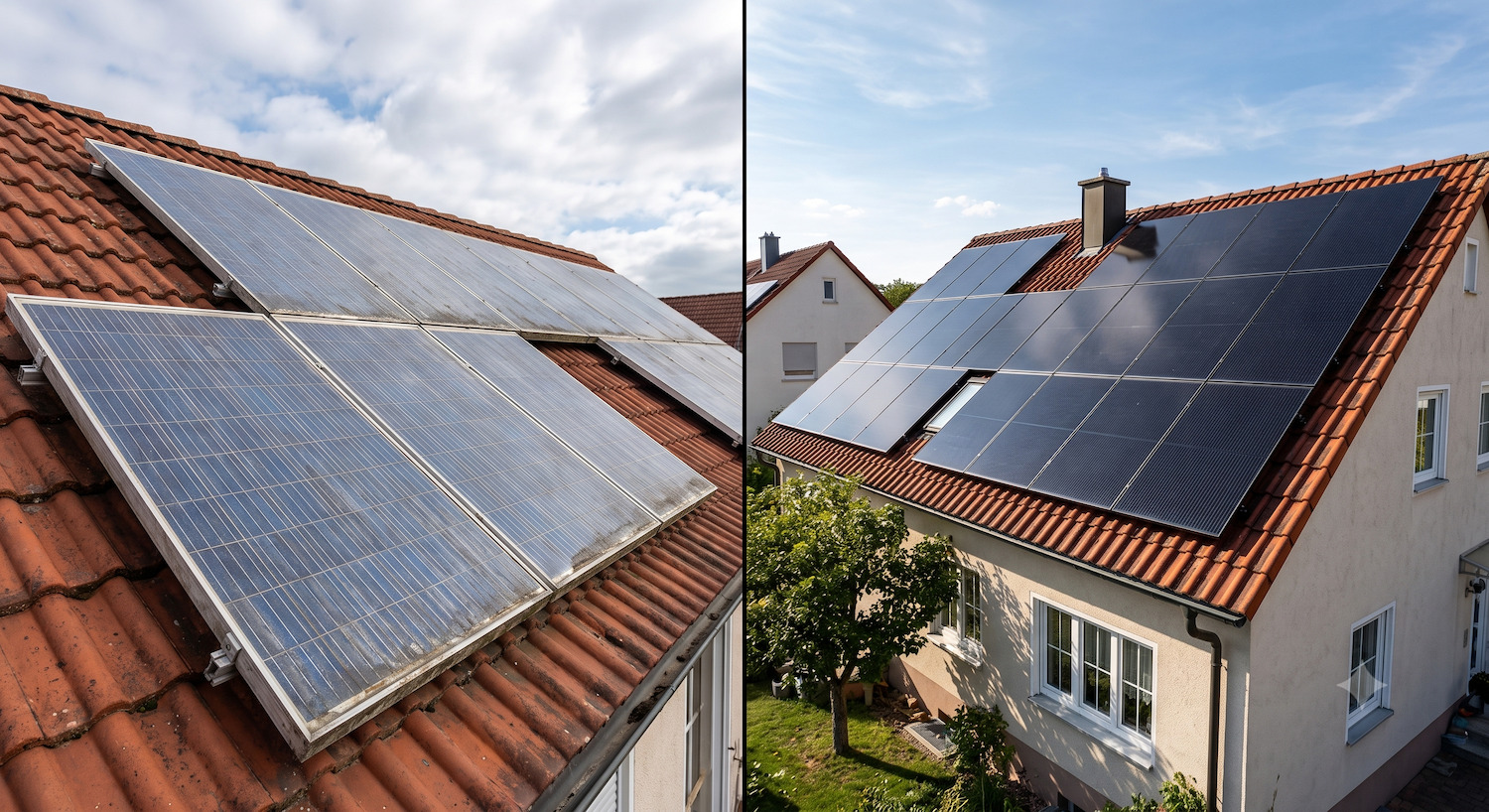 Vorher-Nachher-Vergleich: alte blaue und neue schwarze Photovoltaikanlage auf einem Ziegeldach.