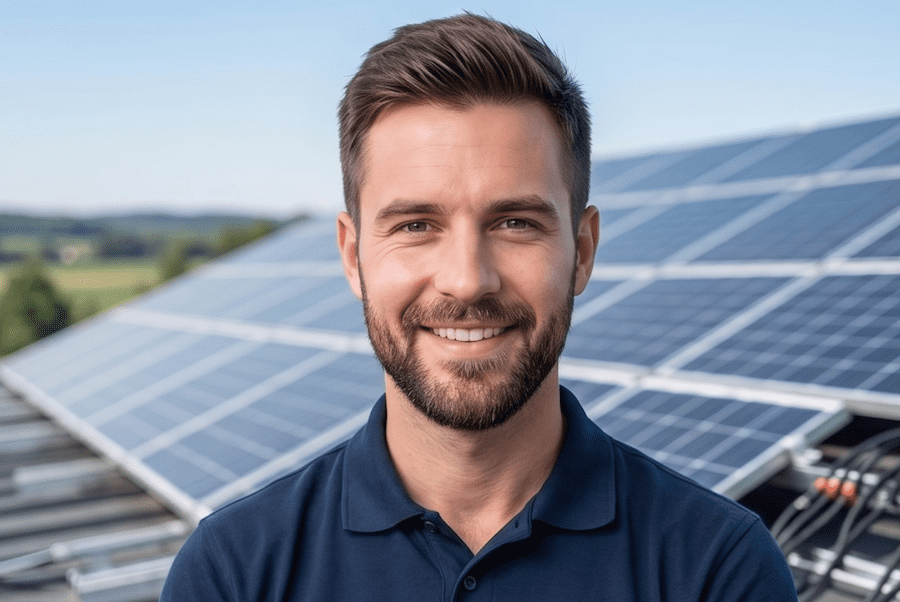 Lächelnder Mann mit Bart im dunkelblauen Poloshirt vor Solarmodulen auf einem Dach