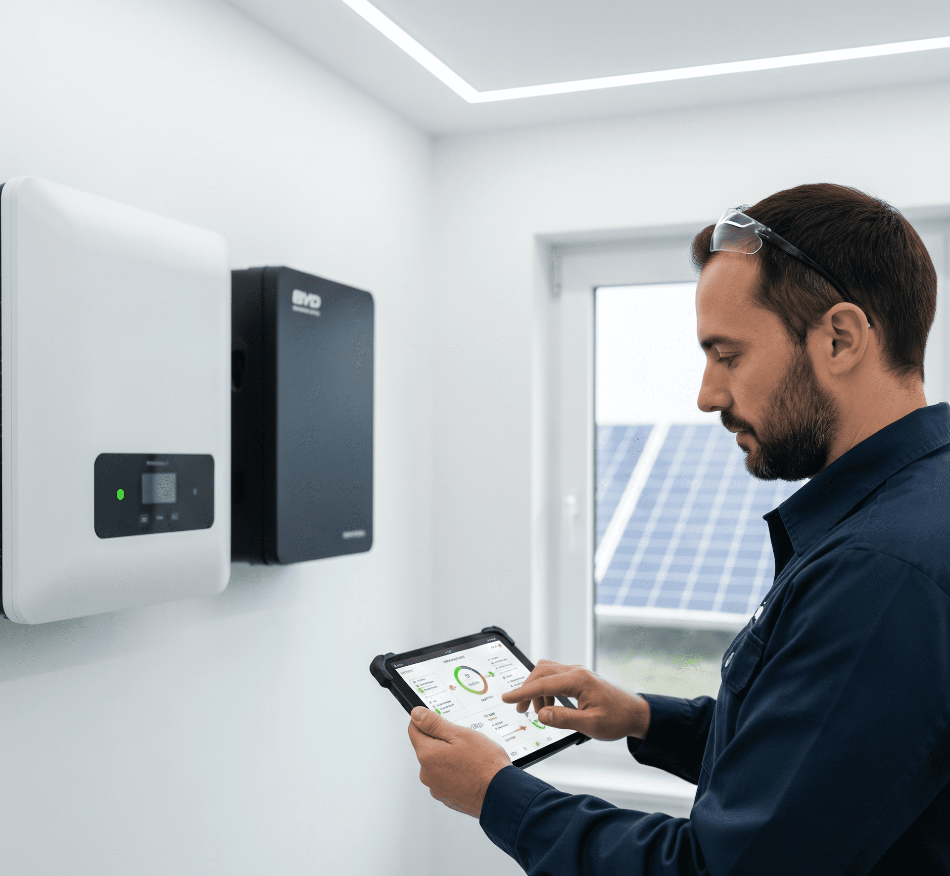 Techniker mit Tablet prüft Wechselrichter und wandmontierten Batteriespeicher, im Hintergrund Solarmodule am Fenster.