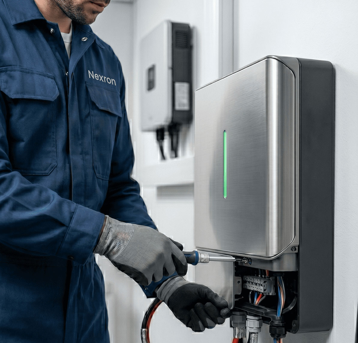 Techniker in blauer Nexron-Arbeitskleidung montiert mit Schraubendreher einen wandmontierten Stromspeicher an einer Wechselrichter-Anlage.
