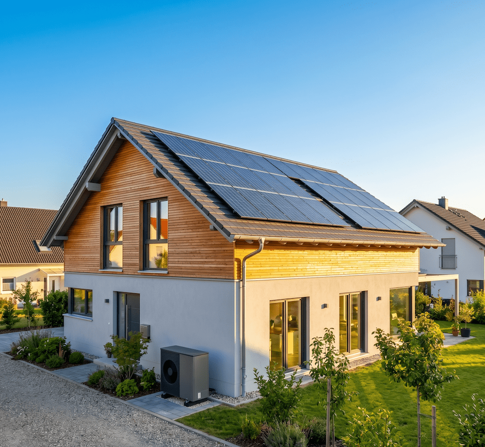 Modernes Einfamilienhaus mit Holzfassade, Solarmodulen auf dem Dach und Luftwärmepumpe an der Außenwand.