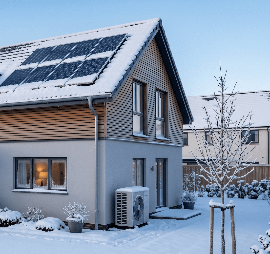 Modernes Einfamilienhaus im Winter mit Wärmepumpe an der Fassade, Solarmodulen auf dem verschneiten Dach und Schnee im Garten.