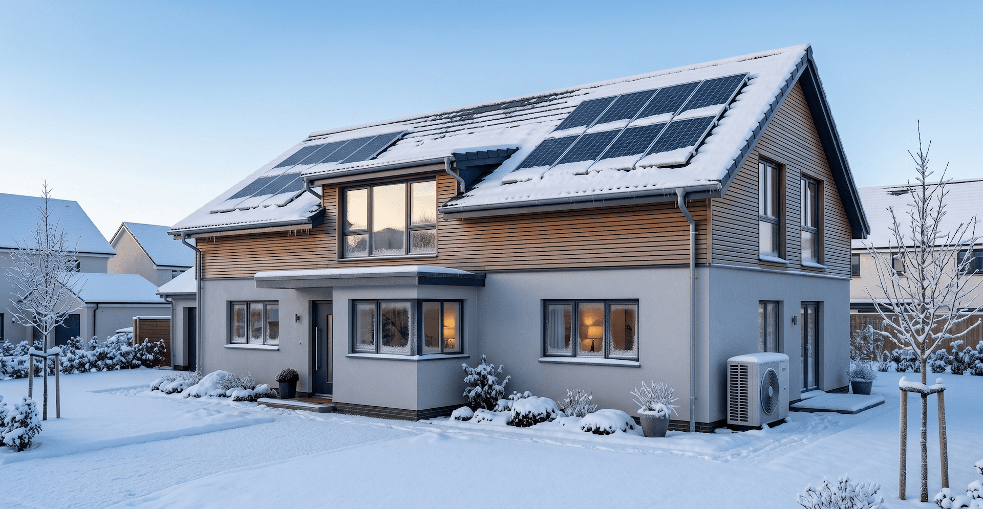 Modernes Einfamilienhaus im Schnee mit Solarmodulen auf dem Dach und Wärmepumpe im verschneiten Garten.