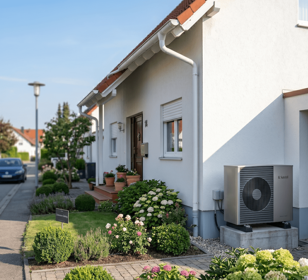 Moderne Luft-Wärmepumpe an der Außenwand eines weißen Einfamilienhauses mit blühendem Vorgarten.