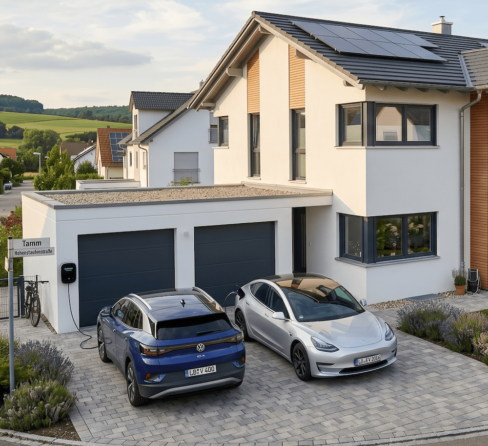 Zwei Elektroautos laden an einer Wallbox in der Einfahrt eines modernen Einfamilienhauses mit Photovoltaikanlage.