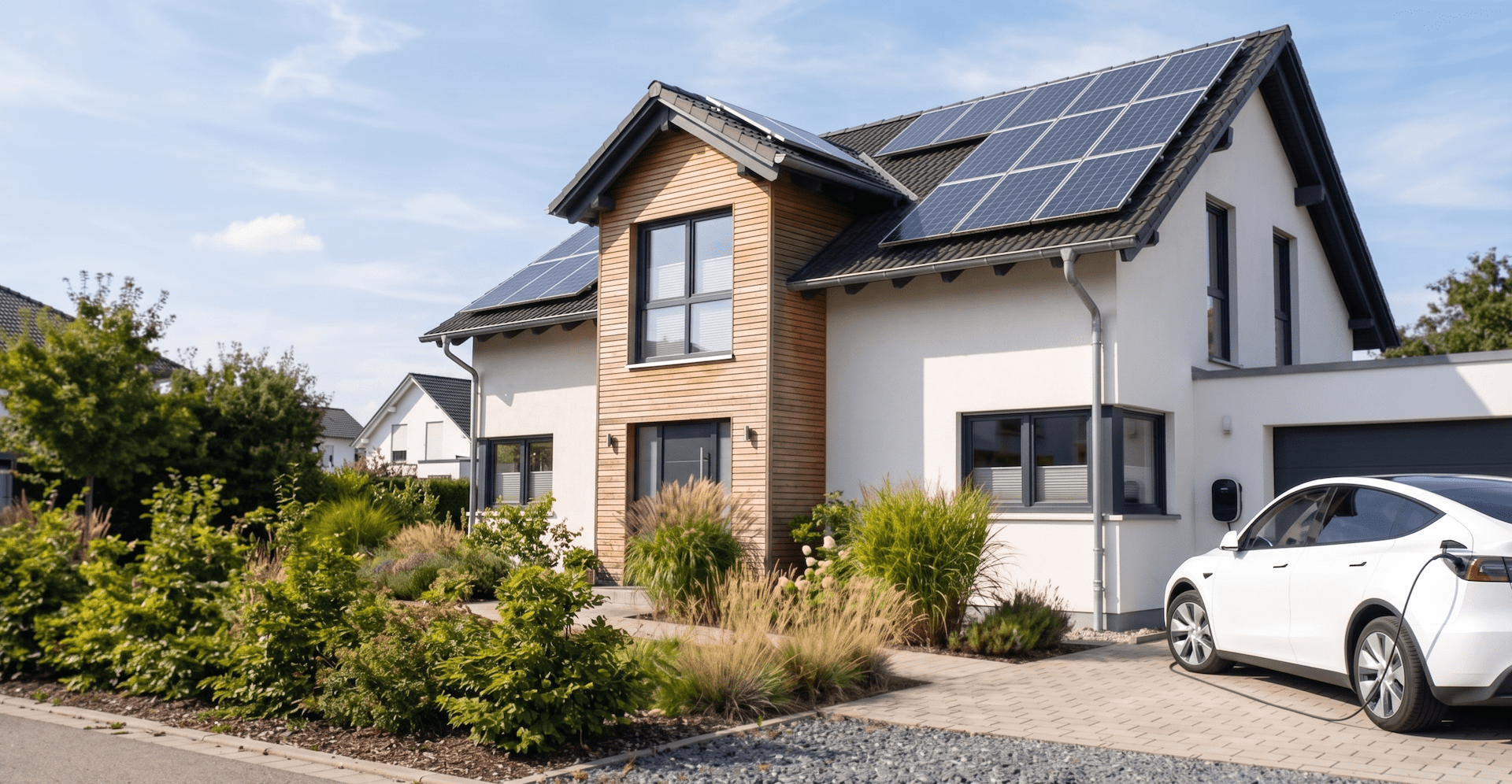 Modernes Einfamilienhaus mit Solarmodulen auf dem Dach und weißem Elektroauto, das an einer Wallbox lädt.