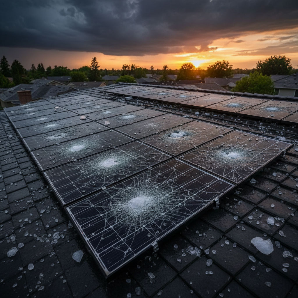 PV-Module auf einem Hausdach mit sichtbaren Hagelschaeden und gesprungenem Glas; Hagelkoerner liegen auf den Panels, im Hintergrund dunkle Gewitterwolken bei Sonnenuntergang.