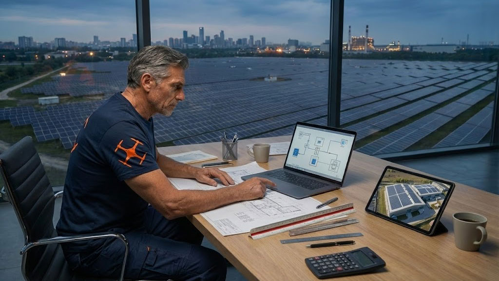 Techniker sitzt am Schreibtisch und plant eine PV-Anlage am Laptop; durch das Fenster ist ein grosser Solarpark bei Daemmerung zu sehen, daneben liegen Plaene, Massstaebe und ein Tablet mit Luftbild.