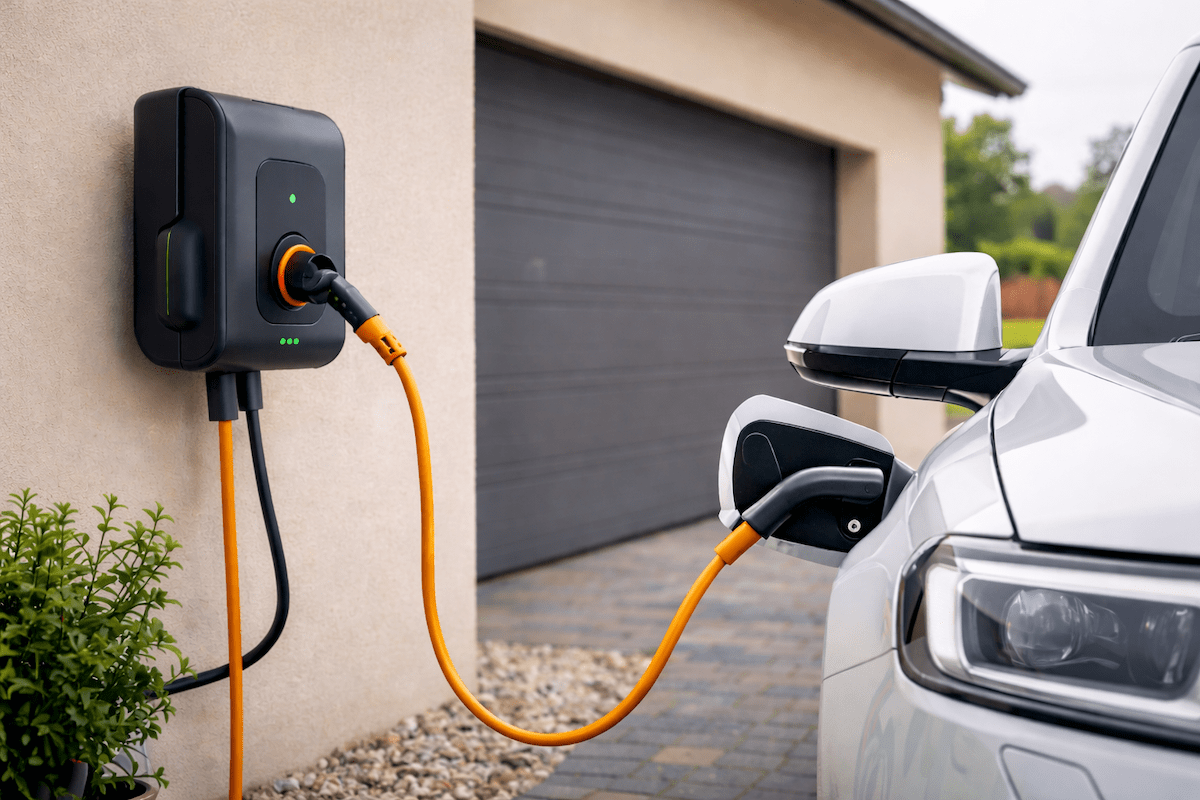 Weißes Elektroauto lädt an einer schwarzen Wallbox mit orangem Ladekabel vor einer Garage